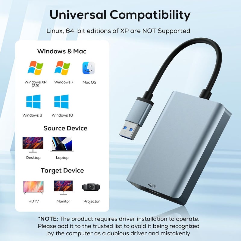 Wenter USB to HDMI Adapter, USB 3.0 to HDMI Multi-Monitor Converter Audio 1080P Video Converter,Display Extender for PC Laptop Desktop Projector HDTV Compatible with Windows 7/8/8.1/10 - Image 2